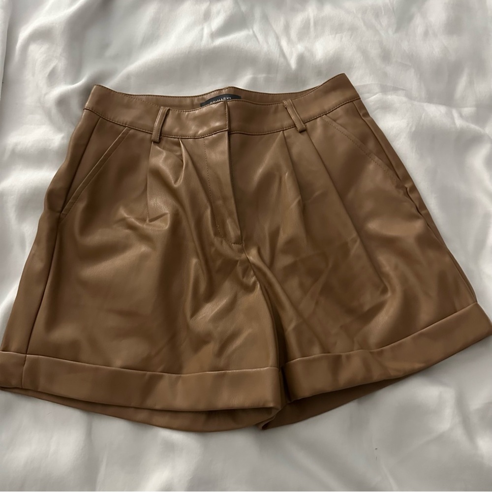 Primark Faux Leather High-Rise Cuffed Shorts in Tan